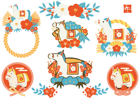zodiac26136 馬,午年,しめ飾り,扇,水引,椿,松,梅,年賀状,南天のイラスト素材