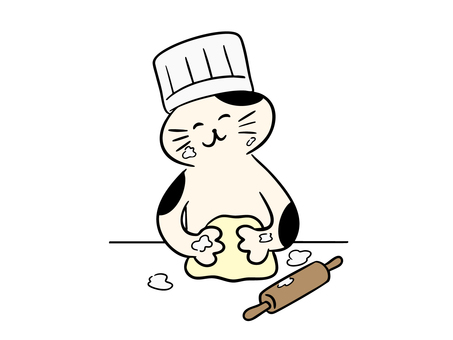 パン生地をこねる猫（カラー） 猫,パン,パン作り,製パン,生地,こねる,混ぜる,パン屋,ベーカリー,シェフのイラスト素材