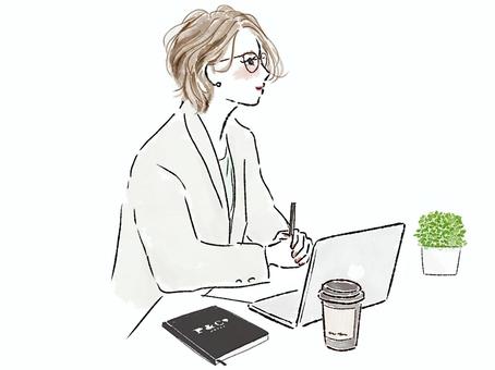 女性　ビジネス　スーツ　眼鏡　PC 横顔 女性,ビジネス,仕事,ショートヘア,めがね,スーツ,コーヒー,ドリンク,カップ,会議のイラスト素材