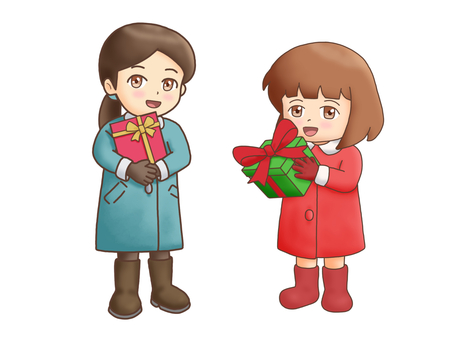 プレゼントを持つ2人 女の子,子ども,冬,冬服,コート,ブーツ,プレゼント,ギフト,クリスマス,2人のイラスト素材