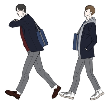 腕時計を見る男子校生と友達　漫画風 男子,高校生,制服,通学,学校,ローファー,スニーカーのイラスト素材