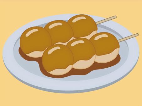 グレーの皿に載ったみたらし団子　背景黄色 みたらし団子,みたらし,串団子,団子,餅,串刺し,和菓子,タレ,もちもち,甘いのイラスト素材