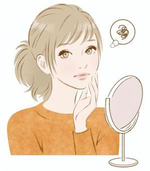 秋の肌トラブルオレンジ フェイスケア,スキンケア,肌トラブル,女性,顔,手,鏡,困る,悩む,人物のイラスト素材