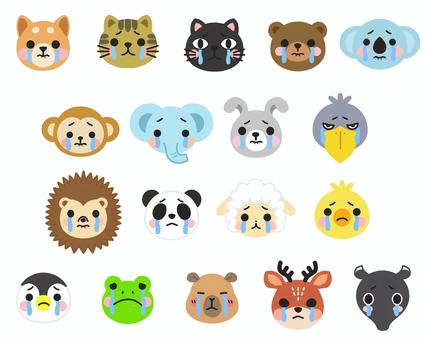 輪郭なし）動物キャラの泣き顔セット18 動物,主線なし,表情,泣き顔,涙,イヌ,ネコ,クロネコ,クマ,コアラのイラスト素材