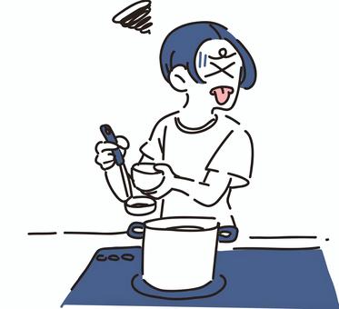 味見したらまずかった女性 女性,料理,鍋,おたま,味見,人物,線画,イラスト,キッチン,家事のイラスト素材