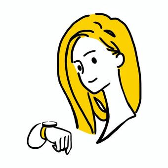 時計を見て余裕のシンプル人　黄色 余裕,微笑む,打ち合わせ,スマートウォッチ,時間通り,働く,にっこり,間に合う,何時,時間前のイラスト素材