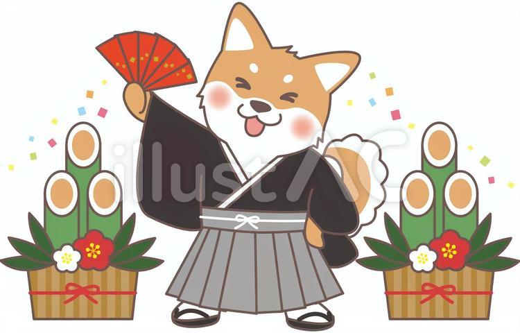 お正月犬（門松・扇） 犬,着物,戊年のイラスト素材