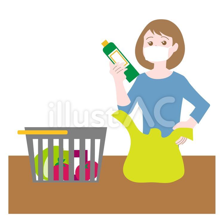 マスクをしてエコバッグに商品を詰める女性 エコバッグ,マスク,買い物のイラスト素材