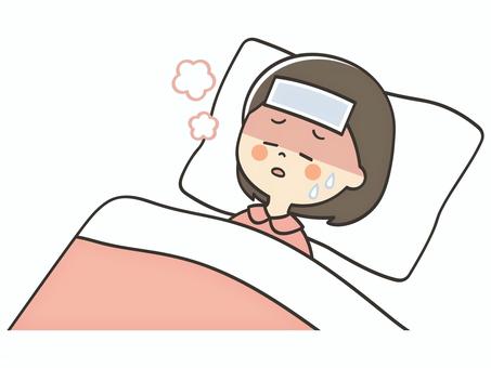 熱が出て休む女の子 熱,発熱,風邪,病気,寝込む,寝苦しい,うなされる,苦しい,しんどい,熱中症のイラスト素材