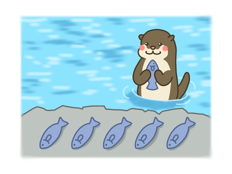 魚を岸に並べるカワウソ（獺祭） カワウソ,魚,川,岸,獺祭,狩り,漁,水族館,水生生物,水辺のイラスト素材