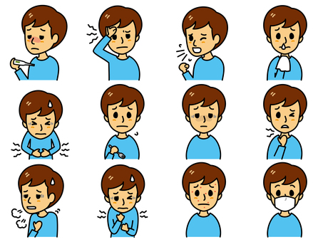 病気の症状 若い男性 病気の症状 若い男性 病気,症状,頭痛,咳,鼻水,顔色,のどの痛み,呼吸困難,胸の痛み,発疹のイラスト素材