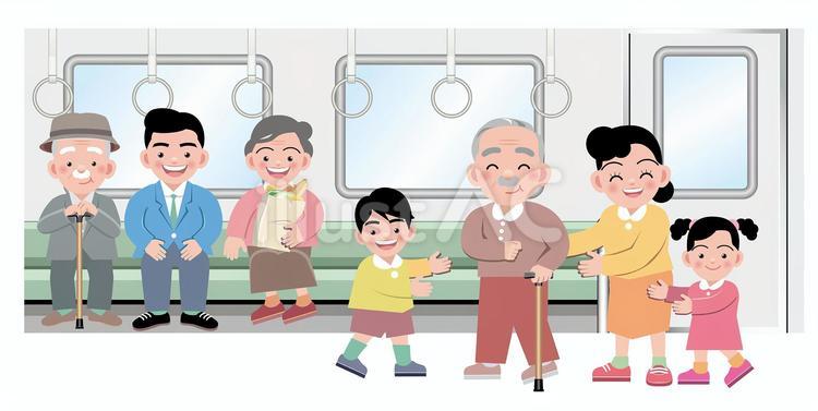 電車の中で老人に席を譲る家族 人物,生活,電車のイラスト素材