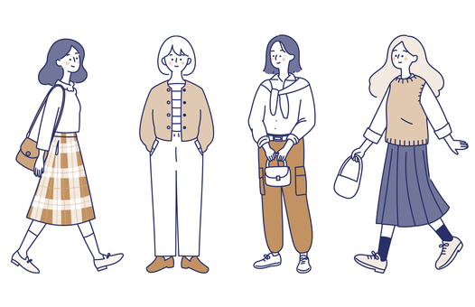 おしゃれな女子の秋の私服コーデセット03 女性,私服,秋,ファッション,スカート,パンツ,バッグ,おしゃれ,カジュアル,コーディネートのイラスト素材