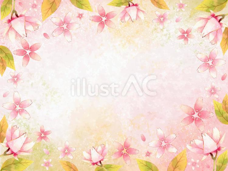 桜の花と葉っぱの和風水彩背景フレーム 桜,和風,和紙のイラスト素材