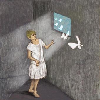 Standing girl window butterfly Standing girl window butterfly