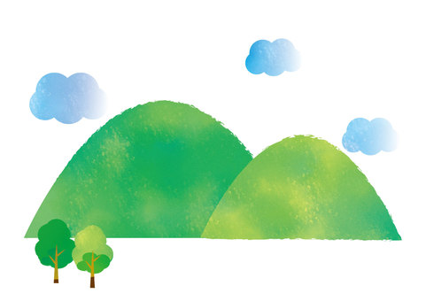 ほのぼのとした山と雲 山,山の日,登山,アウトドア,雲,空,手書き,ハイキング,自然,フレームのイラスト素材