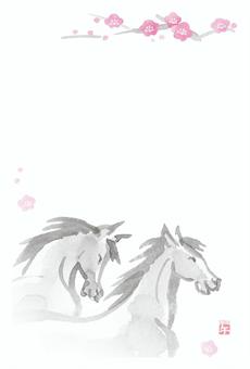 午年の年賀状　2頭の馬横顔　文字なし 年賀状,午年,テンプレート,2026,年賀,シンプル,ビジネス年賀状,午,手描き,和風のイラスト素材