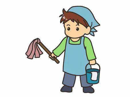 バケツとはたきを持つ男性 掃除,大掃除,バケツ,雑巾,はたき,男性,パパ,主夫,年末,三角巾のイラスト素材