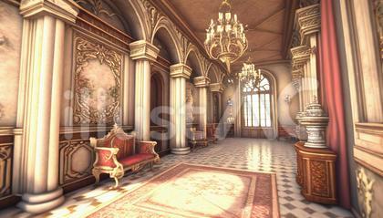 お城の廊下の風景画＿王族宮殿の内装イラスト - No: 23548313｜無料