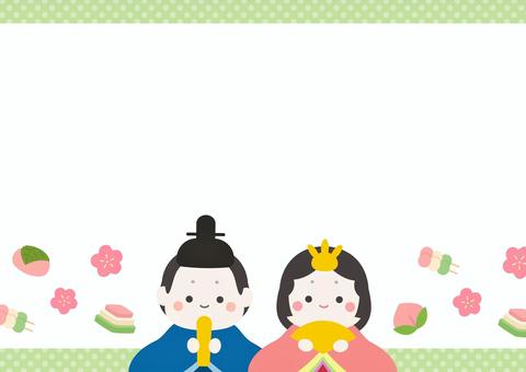 ひな祭りの雛人形と和菓子のフレーム02 ひなまつり,春,ひな祭り,背景,フレーム,桃,菱餅,桜餅,桃の花,三色団子のイラスト素材