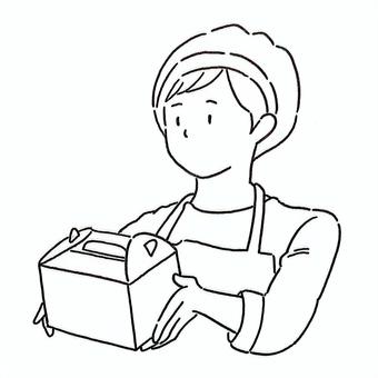 ケーキの箱を渡す販売員(線画) 販売員,洋菓子店,和菓子店,菓子,デパ地下,デパート,百貨店,ケーキ,パティスリー,エプロンのイラスト素材