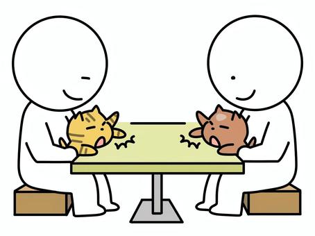 机を叩いて討論する猫を見守る棒人間 ねこ,棒人間,意見交換,文句,叩く,机,見守る,友達,友人,対立のイラスト素材
