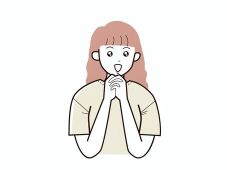 手を組んで目を潤ませる若い女性／カラー 上半身,半袖,両手,潤ませる,キラキラ,女性,お母さん,ママ,学生,社会人のイラスト素材
