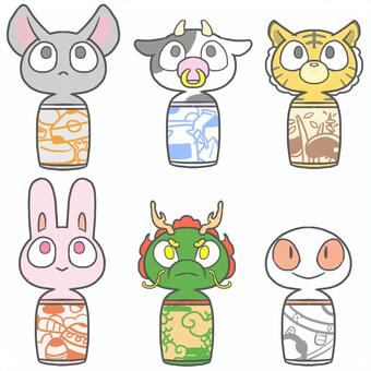 動物こけしまとめ① 動物,こけし,ねずみ,うし,とら,うさぎ,辰,へび,干支のイラスト素材