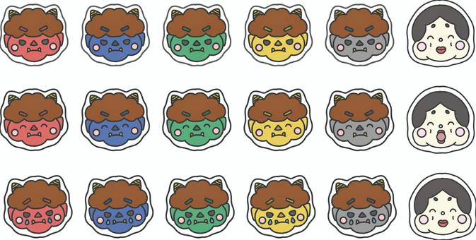 ステッカーシール風の鬼とおかめのアイコン ステッカーシール風の鬼とおかめのアイコン 節分,鬼,赤鬼,青鬼,緑鬼,黄鬼,灰色鬼,かわいい,おかめ,おたよりのイラスト素材