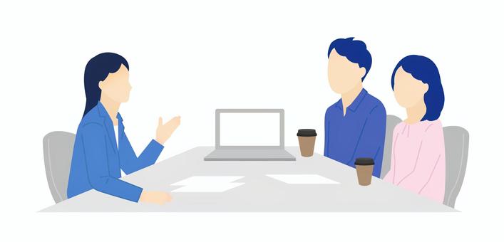 窓口でお客様の接客をするビジネスパーソン 説明,相談,提案,商談,接客,打ち合わせ,窓口,カウンター,案内,営業のイラスト素材