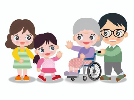 笑顔の家族とおばあちゃん 家族,おばあちゃん,車イス,子ども,女の子,パパ,ママ,祖母,笑顔のイラスト素材
