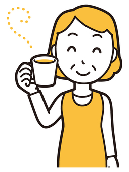  エプロンおばちゃん(黄)-013-バスト コーヒー,おばちゃん,エプロン,お母さん,ママ,中年,おばさん,主婦,人物,かわいいのイラスト素材