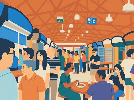 ローカルな活気 シンガポール食の殿堂 ローカルな活気 シンガポール食の殿堂 シンガポール,ホーカーセンター,屋台,フードコート,食事,ローカル,グルメ,アジア,賑わい,群衆のイラスト素材