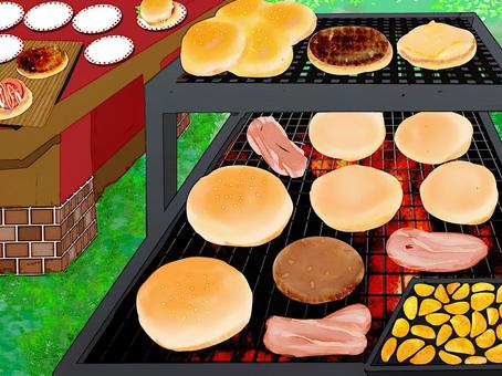 BBQだよ！　バーガー類 バーベキュー,網焼き,鉄板焼き,炭火,ハンバーグ,バンズ,ベーコン,トマト,レタス,マヨネーズのイラスト素材