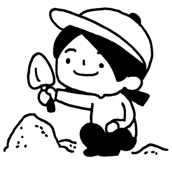 砂遊びを楽しむ子ども こども,子ども,砂,砂場,砂遊び,シャベル,スコップ,笑顔,帽子,砂山のイラスト素材