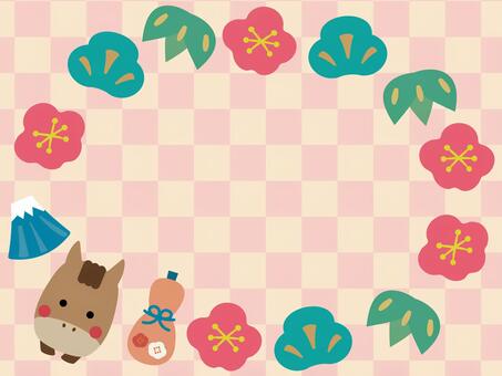 正月午年の松竹梅の市松模様フレーム 午年,馬,正月,年賀状,フレーム,枠,飾り枠,年賀,市松模様,うまのイラスト素材