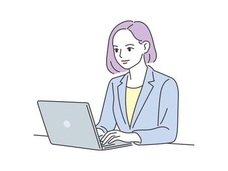 PC作業する女性 pc,パソコン,ノートパソコン,女性,人物,ビジネス,オンライン,リモートワーク,会社員のイラスト素材