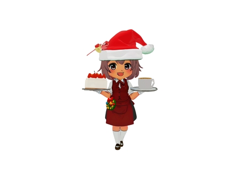冬のクリスマスケーキとカフェのサンタ店員
