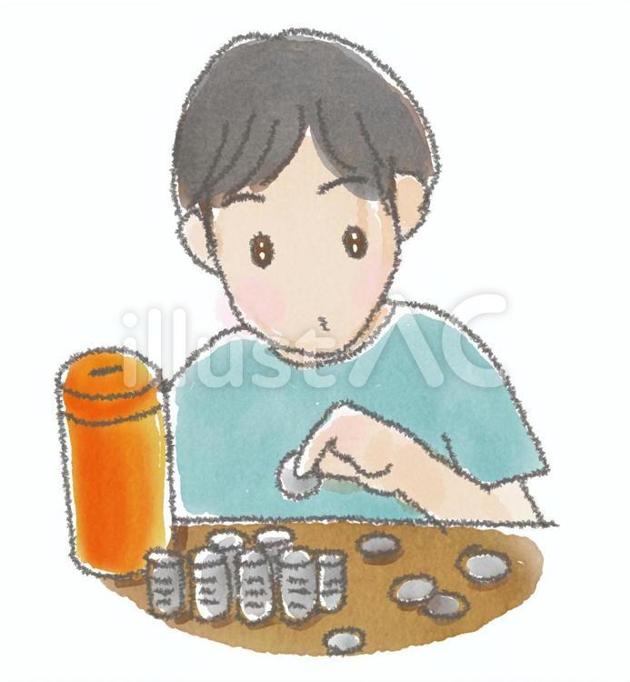 空き箱貯金箱、いくら貯まったかな〜 小銭,数える,積むのイラスト素材