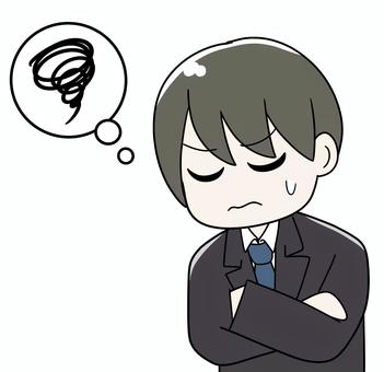 腕を組んで悩むサラリーマン_02 悩む,悶々,ストレス,不安,分からない,どうして,うーん,どうしよう,手描き,手書きのイラスト素材