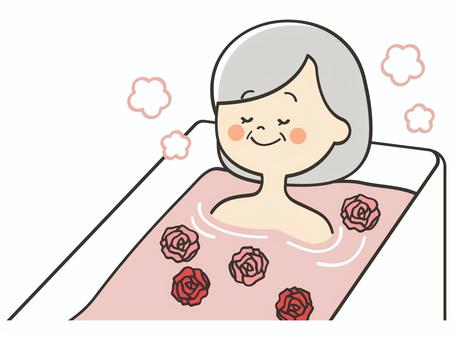薔薇風呂に入るおばあさん お風呂,薔薇,薔薇風呂,バラ,バラ風呂,花,風呂,入浴,湯船,浸かるのイラスト素材