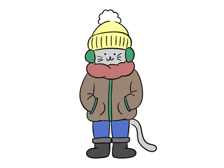 厚着をする猫（カラー） 猫,厚着,防寒,防寒着,着膨れ,ニット帽,イヤーマフ,マフラー,ブルゾン,ジャンパーのイラスト素材