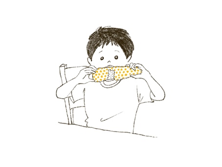 茹でたとうもろこしをかじる男の子 とうもろこし,茹で,コーン,子ども,夏,食べ物,夏野菜,かじる,食べる,小学生のイラスト素材