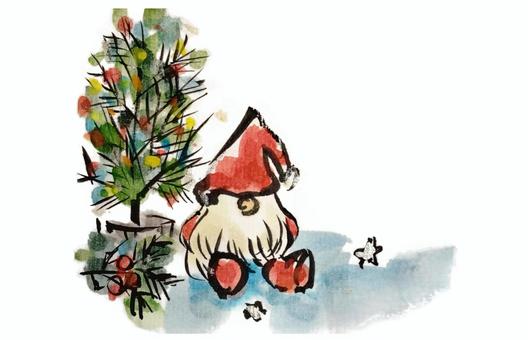 クリスマスツリーとサンタクロース クリスマス,サンタクロース,１２月,冬,メリークリスマス,クリスマス会,クリスマスツリー,ポストカード,絵手紙,水彩画のイラスト素材