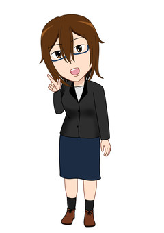 指を指す女性２ 先生,スカート,女性,メガネ,スーツ,茶髪,表情,笑顔,人さし指,ブーツのイラスト素材