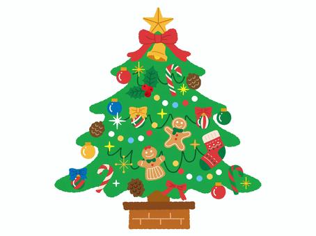 クリスマスツリー クリスマス,クリスマスツリー,手描き,カラフル,オーナメント,ジンジャークッキー,ベル,リボン,飾り,モミの木のイラスト素材