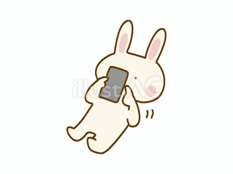 かわいいゆるいうさぎくん寝てスマホいじり うさぎ,手書き,かわいいのイラスト素材