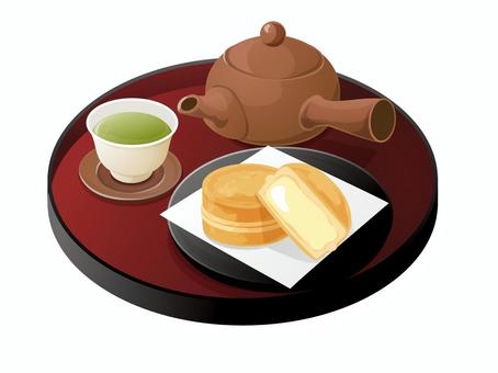 大判焼きとお茶2 大判焼き,今川焼き,クリーム,お茶,和菓子,料理,食べ物,皿,急須,湯呑みのイラスト素材