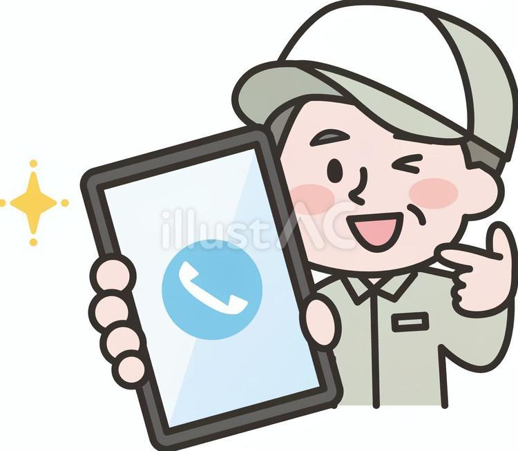 お電話くださいポーズのシニア男性作業員 作業員,作業服,作業着のイラスト素材