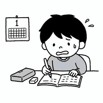冬休みの宿題をあわててやる男の子 子供,男の子,少年,幼児,児童,小学生,宿題,勉強,学習,筆記のイラスト素材
